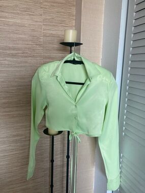 Zara Mint Satin Cropped Tie-Front Button Down Shirt